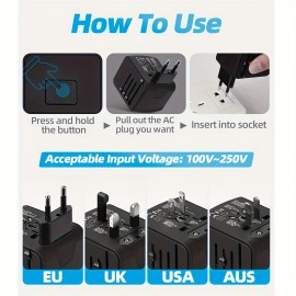 Travel Adapter Worldwide, Travel Plug Adapter Worldwide With Type C 3 USB Ports And AC Socket, Universal Travel Plug Adapter For Travel, USA, UK, Italy, Australia, Canada, Germany, Black