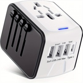 Travel Adapter Worldwide, Travel Plug Adapter Worldwide With Type C 3 USB Ports And AC Socket, Universal Travel Plug Adapter For Travel, USA, UK, Italy, Australia, Canada, Germany, Black