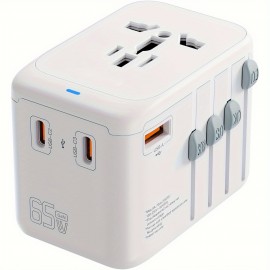 Universal Travel Adapter, 65W GaN III Travel Plug Adapter With UK,EU,AU,US Plugs, 3USB-C PD & 1USB-A QC Worldwide International Adapter Charger, International Converter For Laptops Tablets Phones